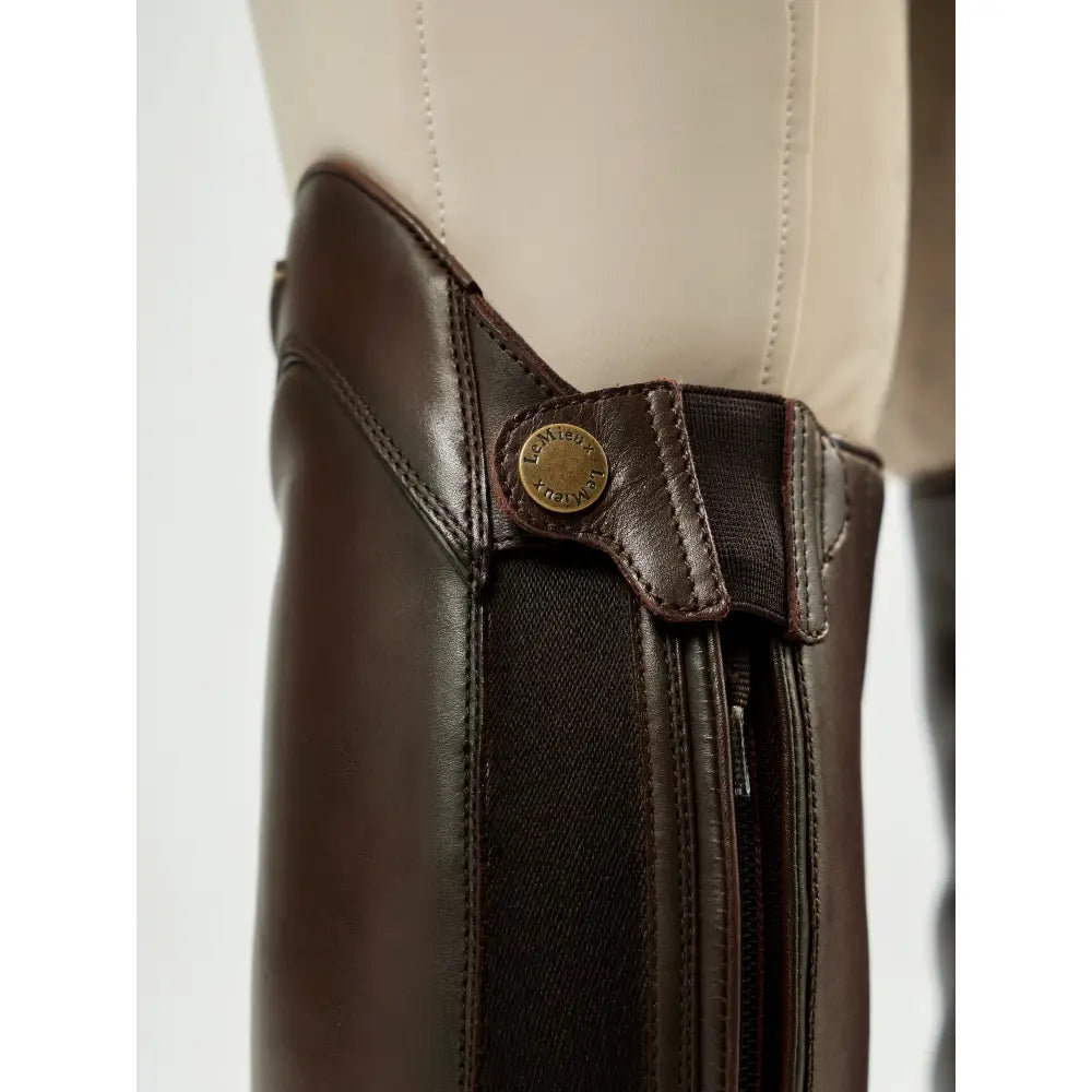Brown lemieux junior field riding boot with durable ykk zip brass button and elastic calf gussets