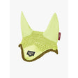 Lime green crocheted lemieux junior loire fly hood kiwi with brown trim and lemieux brand label on netting