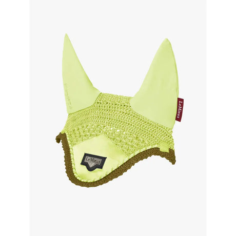 Lime green crocheted lemieux junior loire fly hood kiwi with brown trim and lemieux brand label on netting