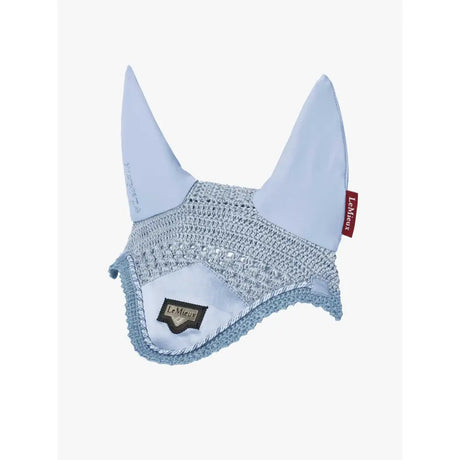 Light blue lemieux junior loire fly hood mist with mesh and solid fabric ear bonnet for horses