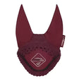 Maroon crocheted lemieux junior pro fly hood burgundy with diamond logo patch and brand tag from junior pro collection