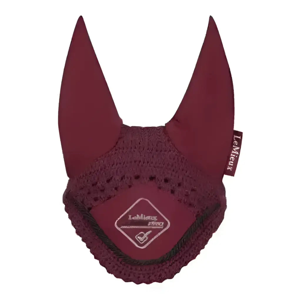 Maroon crocheted lemieux junior pro fly hood burgundy with diamond logo patch and brand tag from junior pro collection