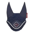 Navy blue knitted lemieux junior pro fly hood with white trim and diamond shaped junior patch for horses