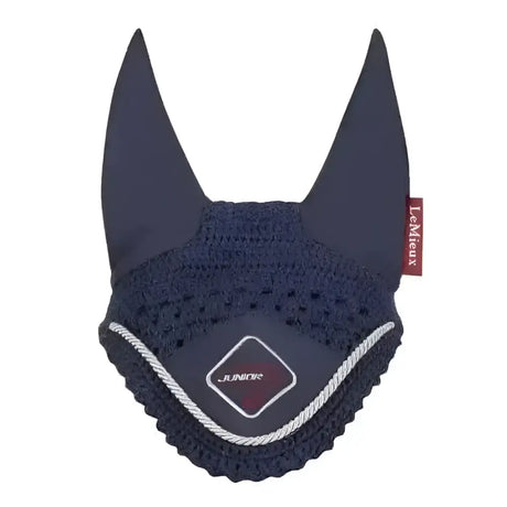 Navy blue knitted lemieux junior pro fly hood with white trim and diamond shaped junior patch for horses