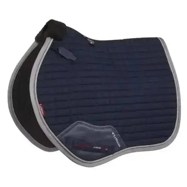 Navy blue quilted lemieux junior pro saddle pad with gray trim and black lining from the junior pro collection pro gp jump