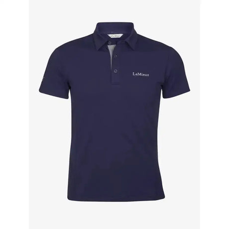 Navy lemieux junior pro polo shirt with white embroidery gray inner collar made from quick-drying pique fabric perfect for young riders