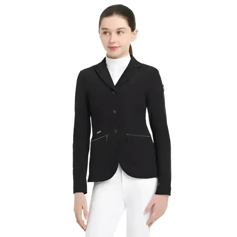 Black lemieux junior pro show jacket with sophisticated crystal details on collar and zipper-trimmed pockets