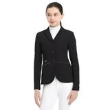 Black lemieux junior pro show jacket with sophisticated crystal details on collar and zipper-trimmed pockets