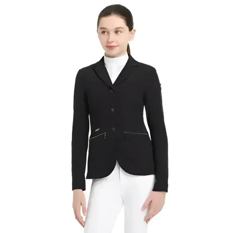 Black lemieux junior pro show jacket with sophisticated crystal details on collar and zipper-trimmed pockets