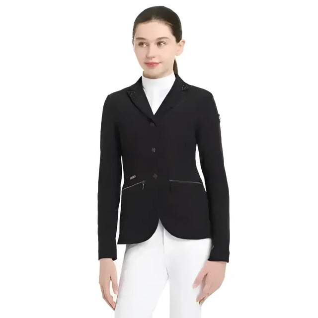 Black lemieux junior pro show jacket with sophisticated crystal details on collar and zipper-trimmed pockets