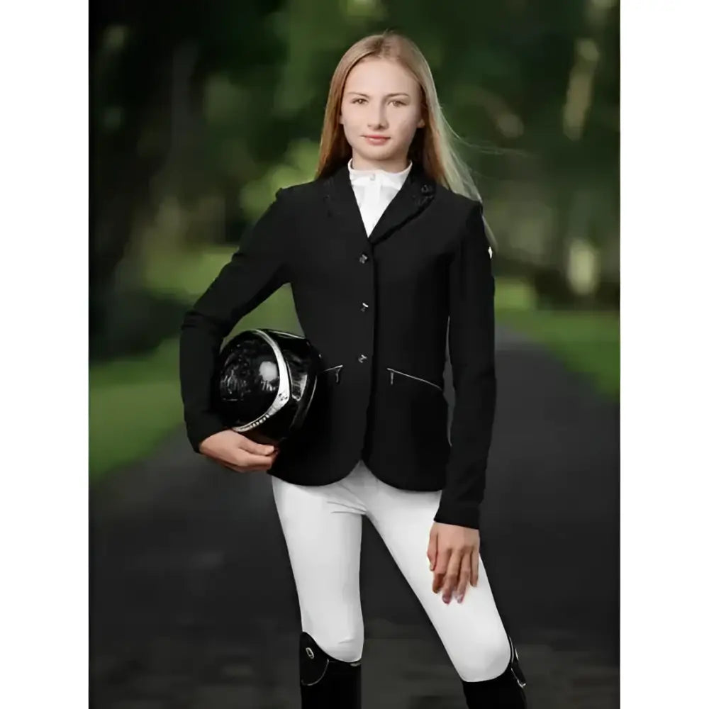 Black lemieux junior pro show jacket with three buttons, zippered pockets, and sophisticated crystal details