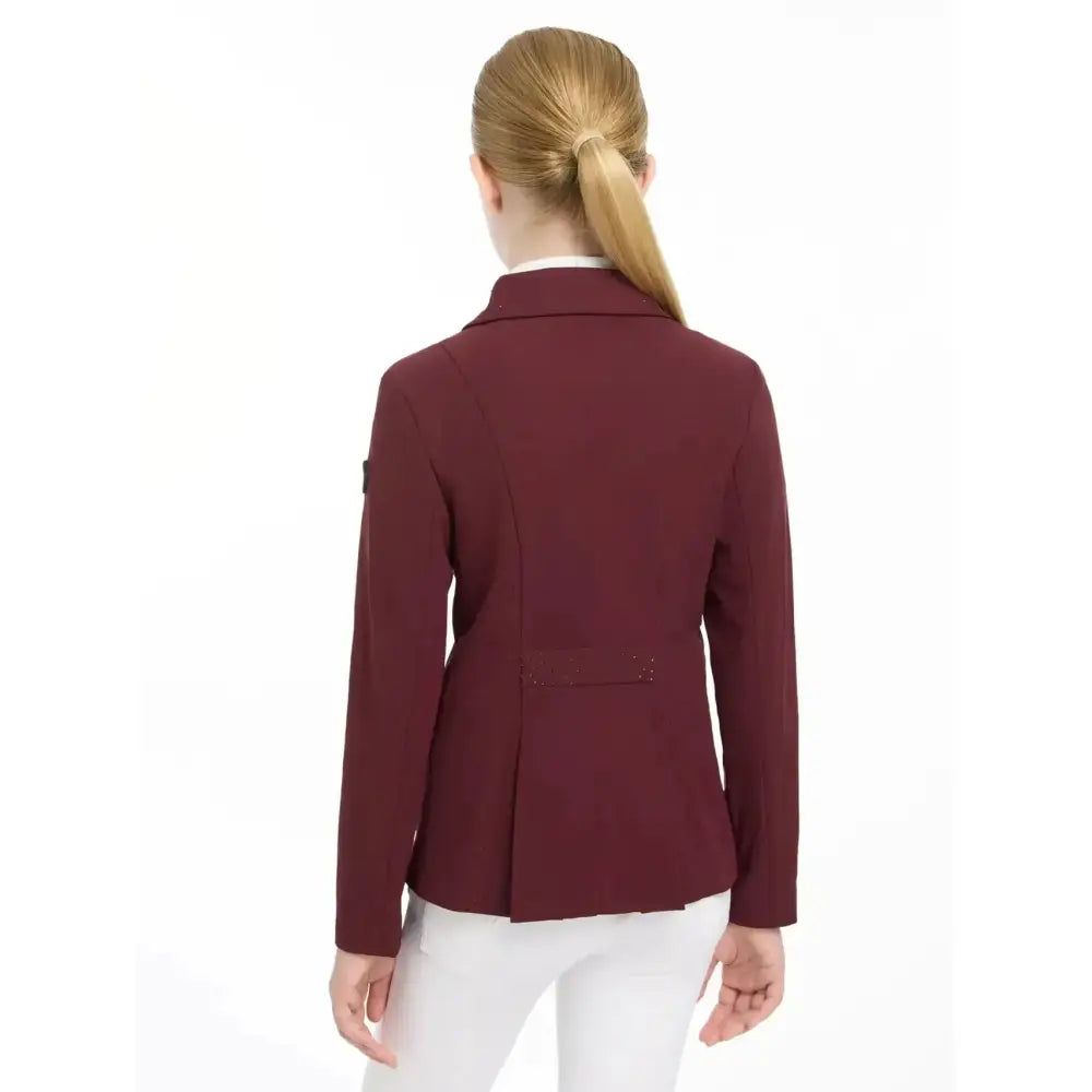 A lemieux junior pro show jacket in burgundy with a tailored fit structured shoulders and sophisticated crystal details