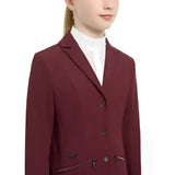 LeMieux junior pro show jacket burgundy with tailored fit, side pockets, and sophisticated crystal details on lapels and buttons