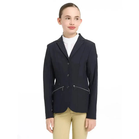 Navy blue lemieux junior pro show jacket with sophisticated crystal details and zippered pockets for riding events