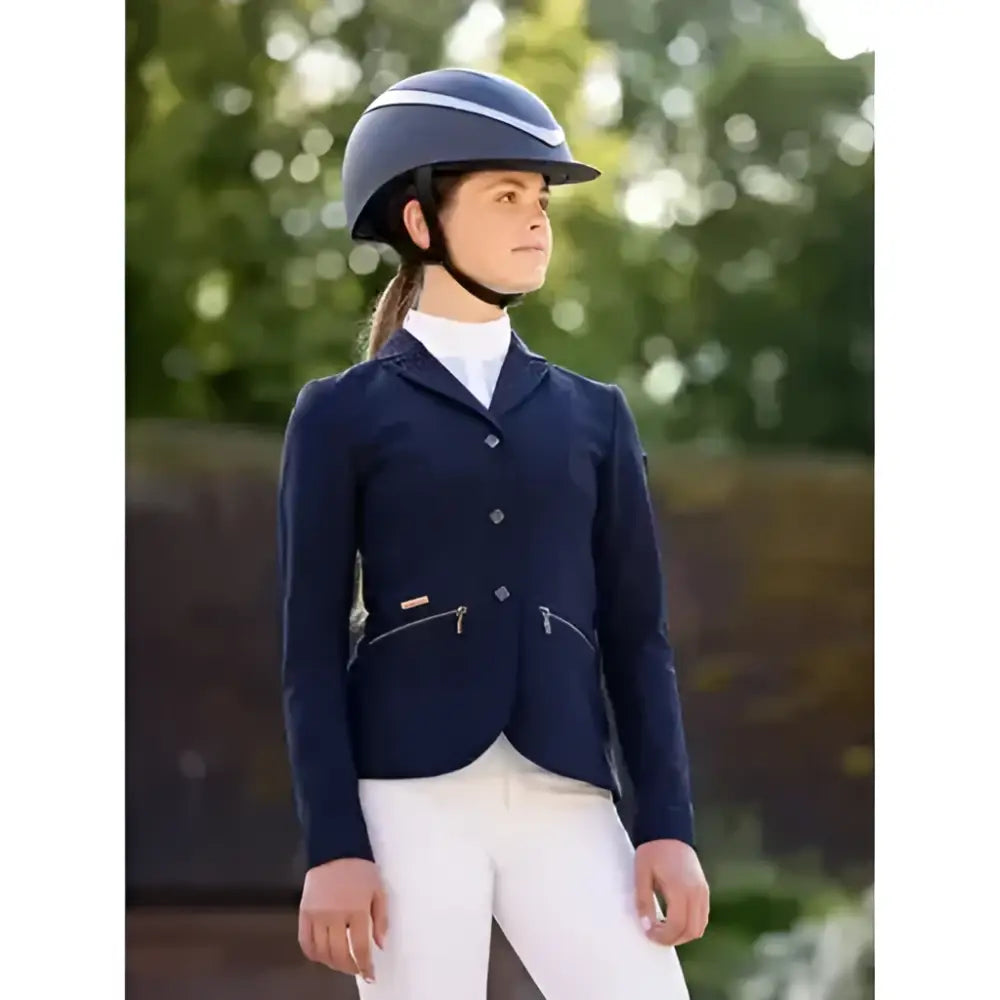 Navy blue lemieux junior pro show jacket with silver zippers and sophisticated crystal details for riding events
