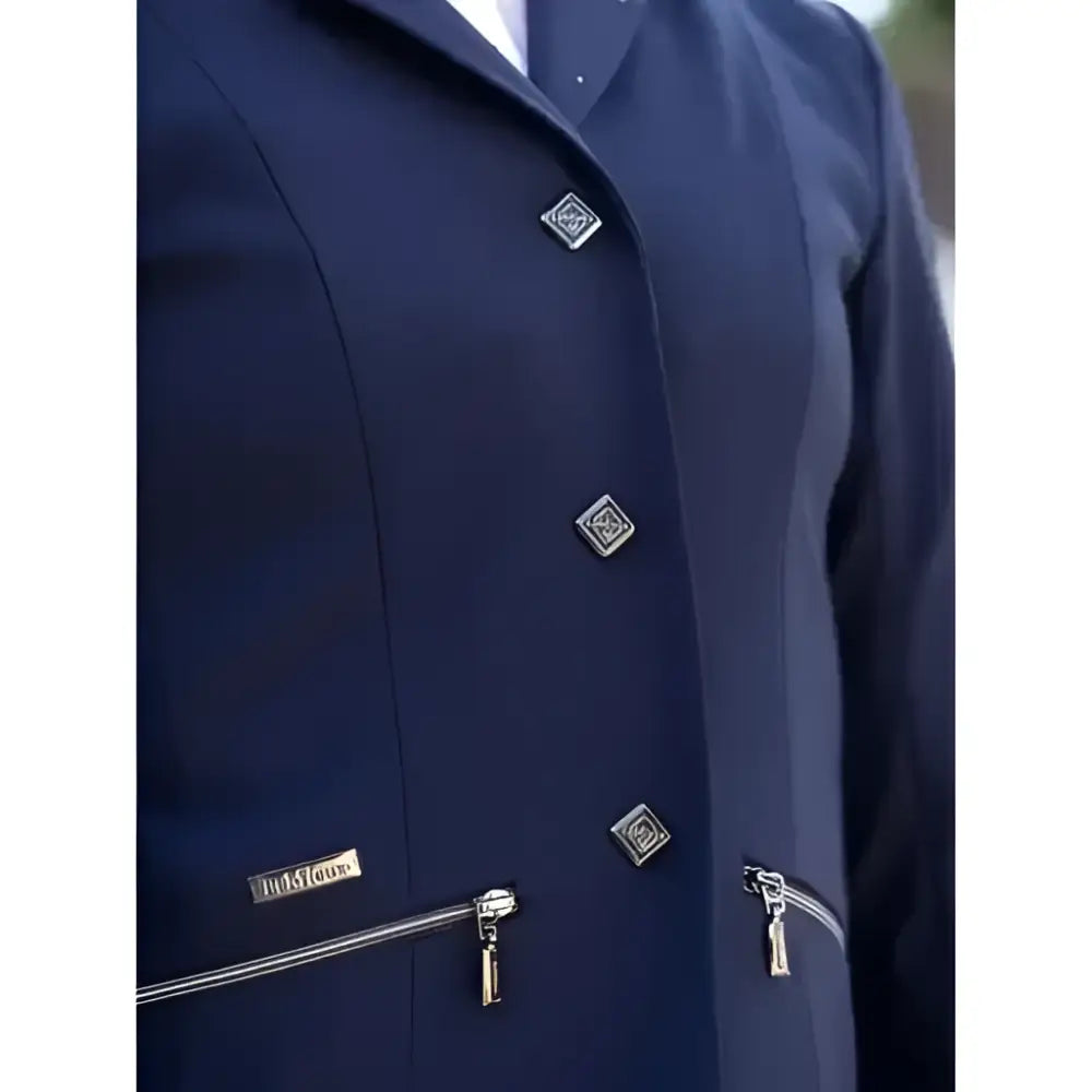 Navy blue lemieux junior pro show jacket with silver diamond buttons and zipper pulls featuring sophisticated crystal details
