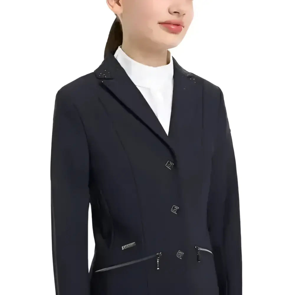 Navy blue lemieux junior pro show jacket with sophisticated crystal details on lapels and front zipper details