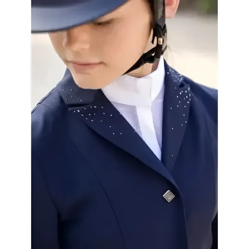 Navy blue lemieux junior pro show jacket with subtle silver studs and signature lemieux premium crystal details