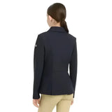 Back view of navy lemieux junior pro show jacket with sophisticated crystal details and signature lemieux premium logo patch