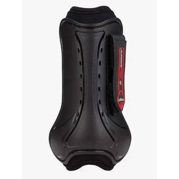 Black lemieux junior pro tendon boot with red branding and ventilation holes from the junior pro collection