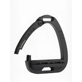 Black lemieux junior vector balance stirrup with sleek metal design and adjustable strap for a technically advanced junior rider