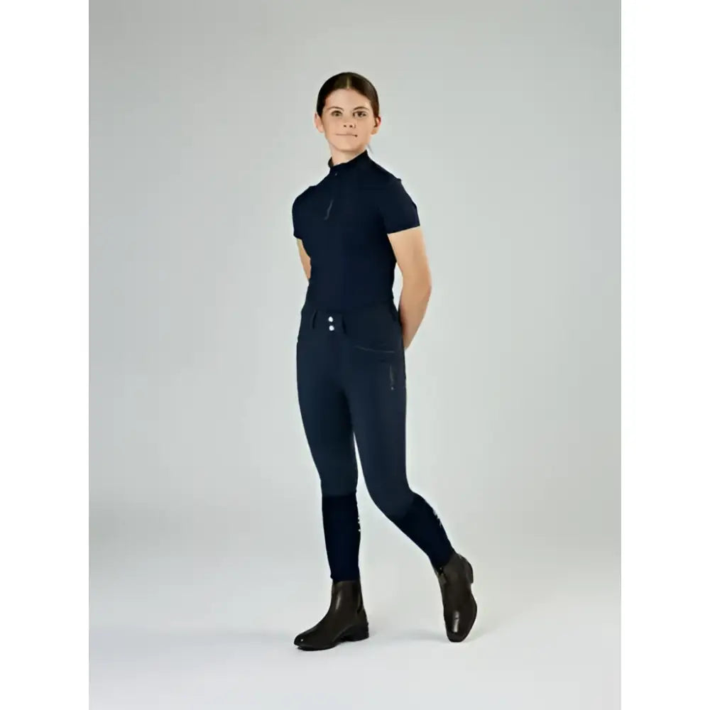 Navy blue lemieux junior zip performance riding pants with high waist and zippered pockets for paddock boot brown use