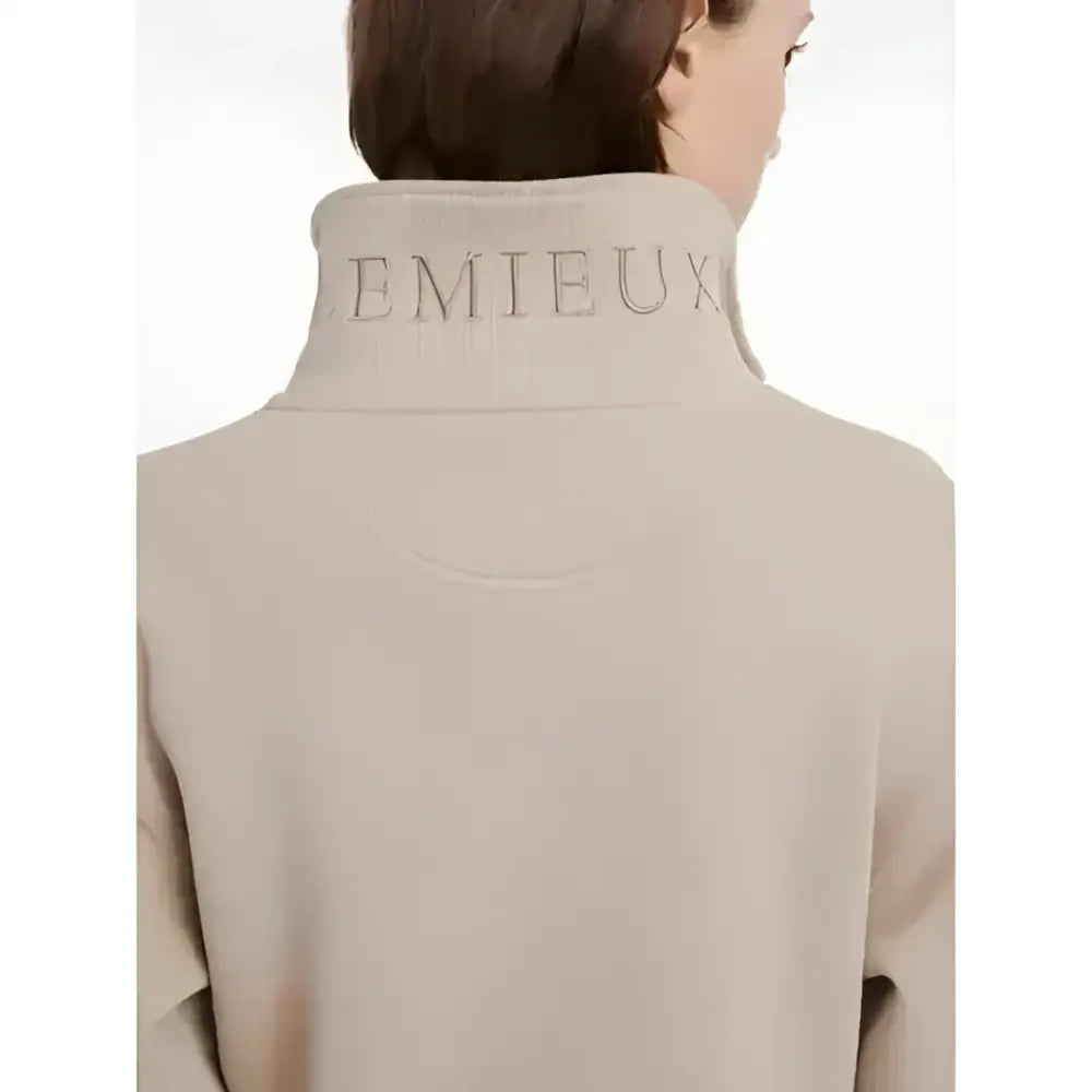 Beige lemieux keira quarter neck sweat with metallic emieux embroidery on collar perfect for casual wear