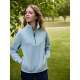 Light blue lemieux keira quarter neck sweat with half zip, front pocket, and ribbed cuffs perfect for layering