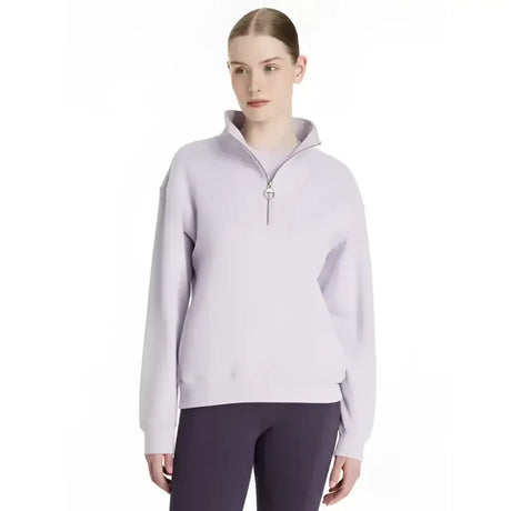 A soft lavender lemieux keira quarter zip sweat lilac hoodie with cozy fit and subtle ribbed cuffs