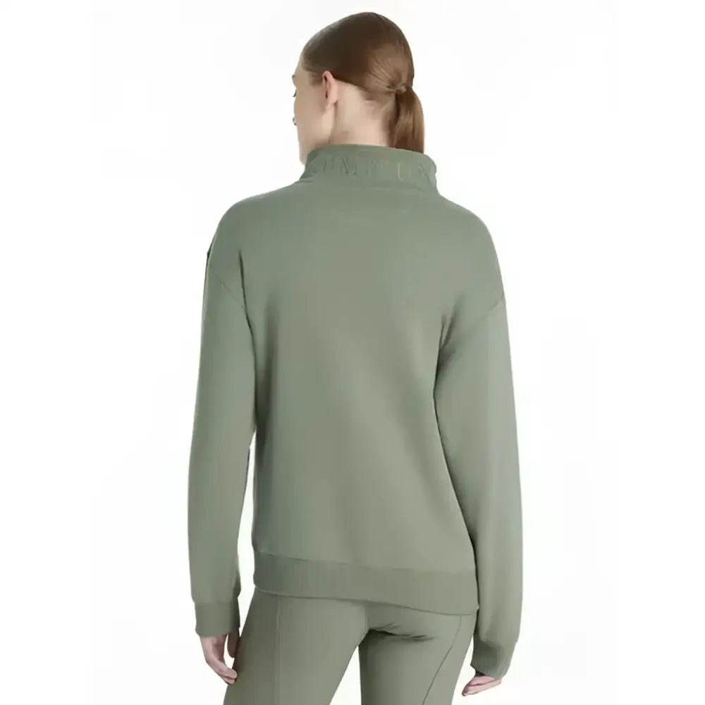 Olive green lemieux keira quarter zip sweat rosemary with ribbed cuffs hem and high collar embroidered brand name