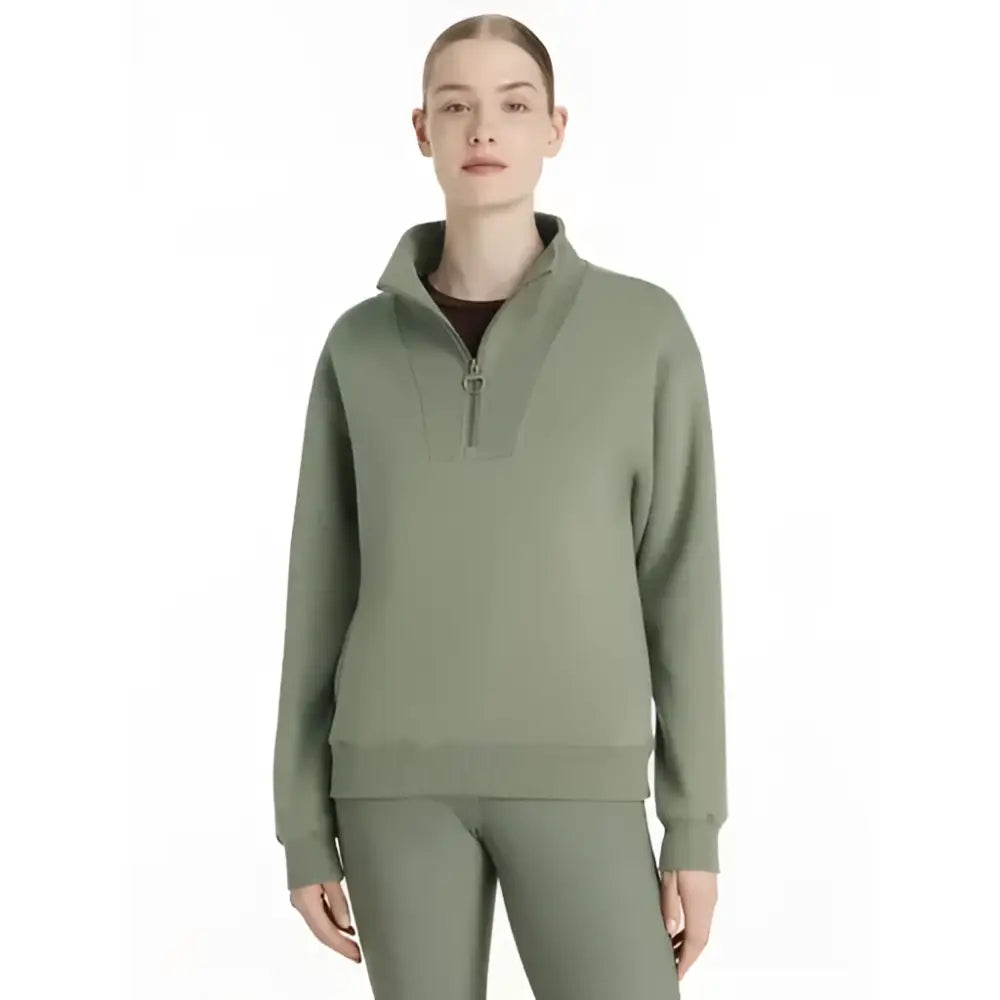 Olive green lemieux keira quarter zip sweat rosemary with ribbed cuffs and hem perfect for casual wear