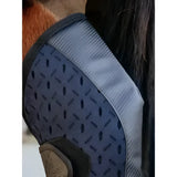 Gray and black horse mask with breathable mesh design paired with navy kudos 3d mesh travel boots for superior protection
