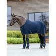 Navy blue lemieux kudos mesh travel rug with quilted design white trim silver buckles and removable protective tail