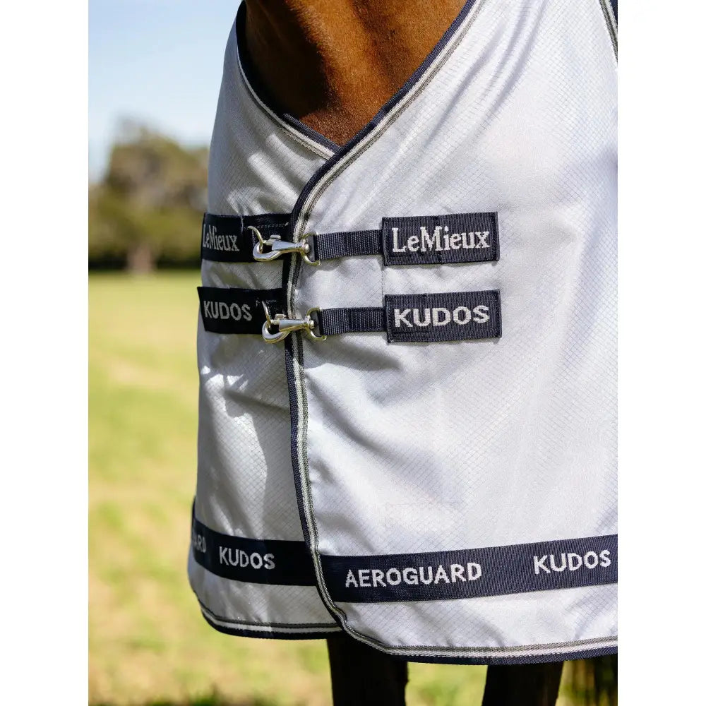 Silver and black lemieux kudos aeroguard fly rug with reflective trim and intelligent power-form for horse protection