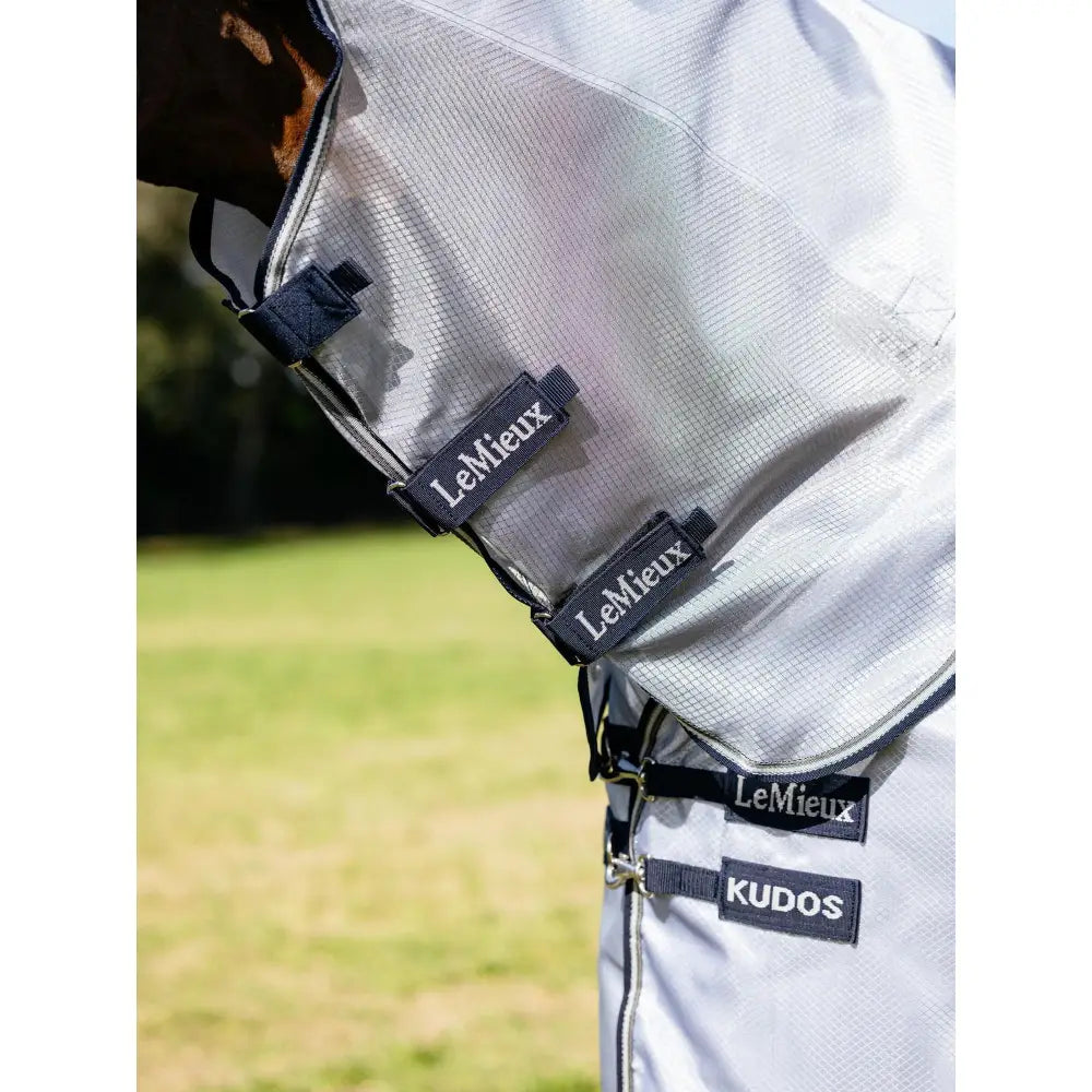 Silver mesh lemieux kudos aeroguard fly rug with black branded straps and kudos label featuring intelligent power-form