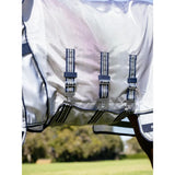 Silver mesh lemieux kudos aeroguard fly rug with navy and white striped straps and metallic buckles for horse protection