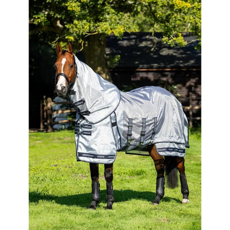 Silver mesh lemieux kudos aeroguard fly rug with black trim adjustable straps and brand logos on the sides