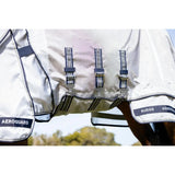 Silver and navy blue lemieux kudos aeroguard fly rug with mesh panels and adjustable straps for breathable horse protection