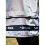 Silver reflective mesh horse fly sheet with black trim and kudos aeroguard branding from lemieux kudos aeroguard fly rug