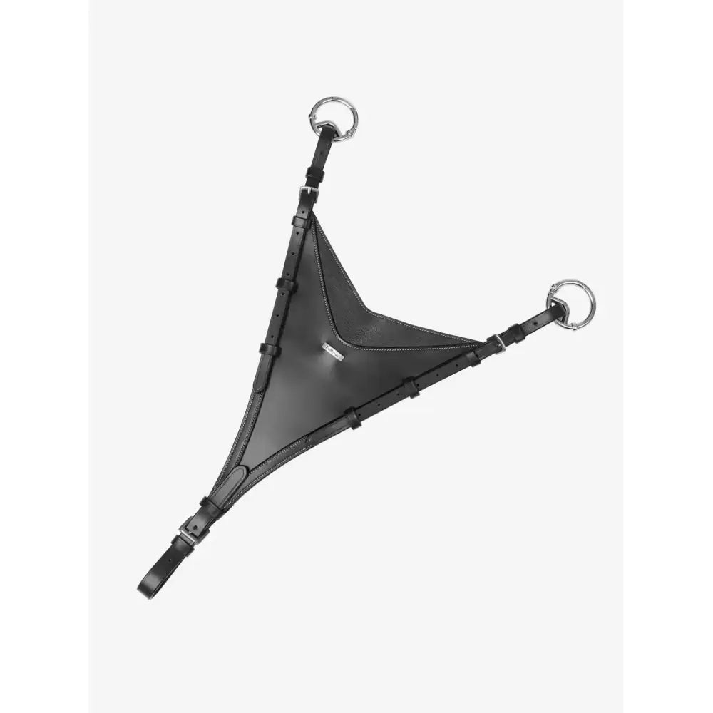Black leather kudos bib martingale with silver metal rings and adjustable straps by lemieux in black silver