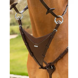Brown leather horse halter with silver stitching and rings featuring lemieux kudos bib martingale attachment havana silver