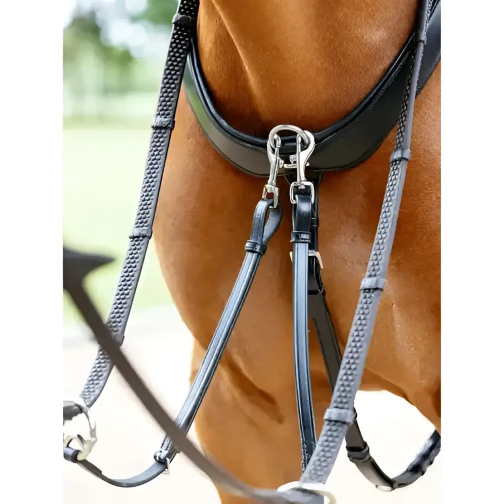 Black leather lemieux kudos bridge breastplate havana with silver hardware and textured straps for riding gear