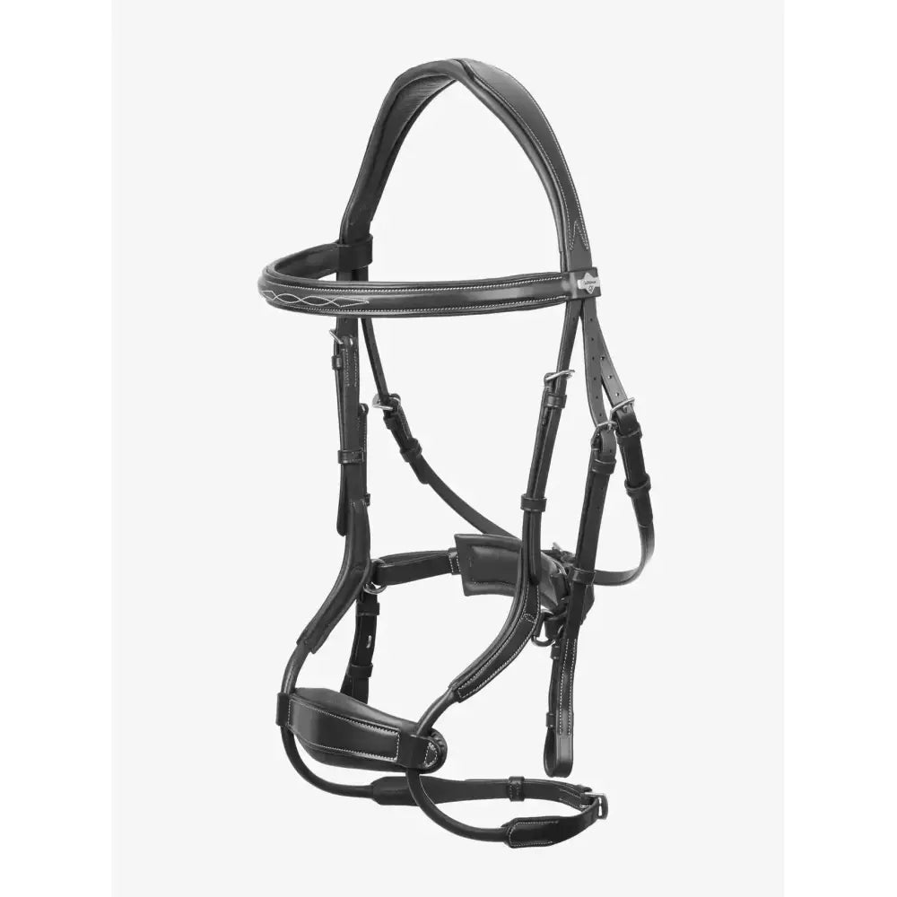 Black leather lemieux kudos black clear arc bridle with silver stitching and metallic hardware for riding