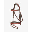 Brown leather lemieux kudos competition flash bridle chestnut with subtle white stitching for show jumping use