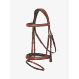 Brown leather lemieux kudos competition flash bridle chestnut with subtle white stitching for show jumping use