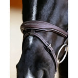 Brown leather lemieux kudos contour flash bridle with white stitching and decorative wave pattern