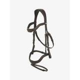 Black leather lemieux kudos contour flash bridle with silver stitching and metallic hardware in brown