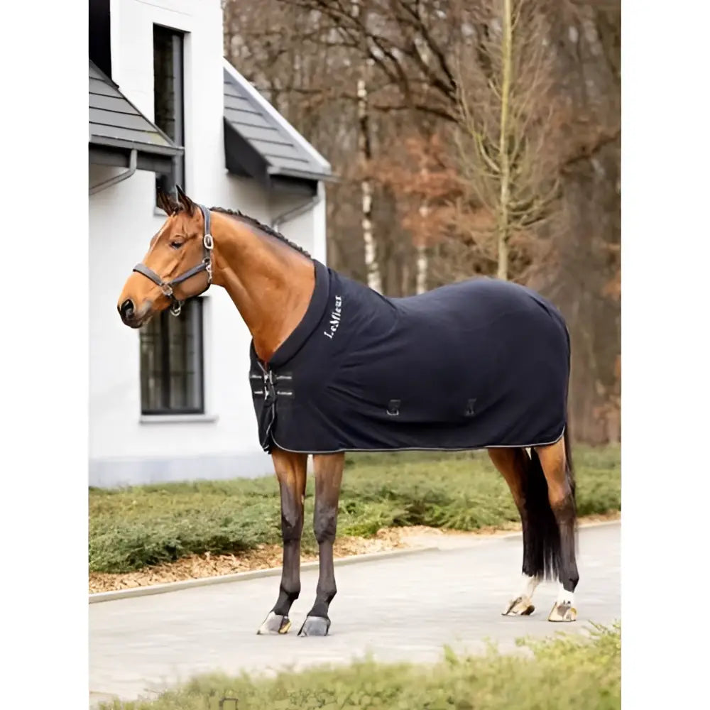 Black lemieux kudos fleece cooler rug with white stitching silver buckles made from soft polar fleece