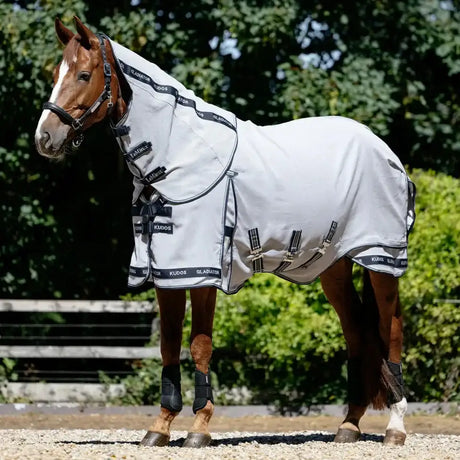 White lemieux kudos gladiator fly rug with black trim self-healing mesh and adjustable straps for secure fit