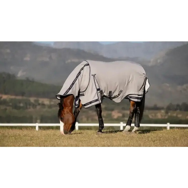Gray lemieux kudos gladiator fly rug with black trim and adjustable straps made of self-healing mesh for protection